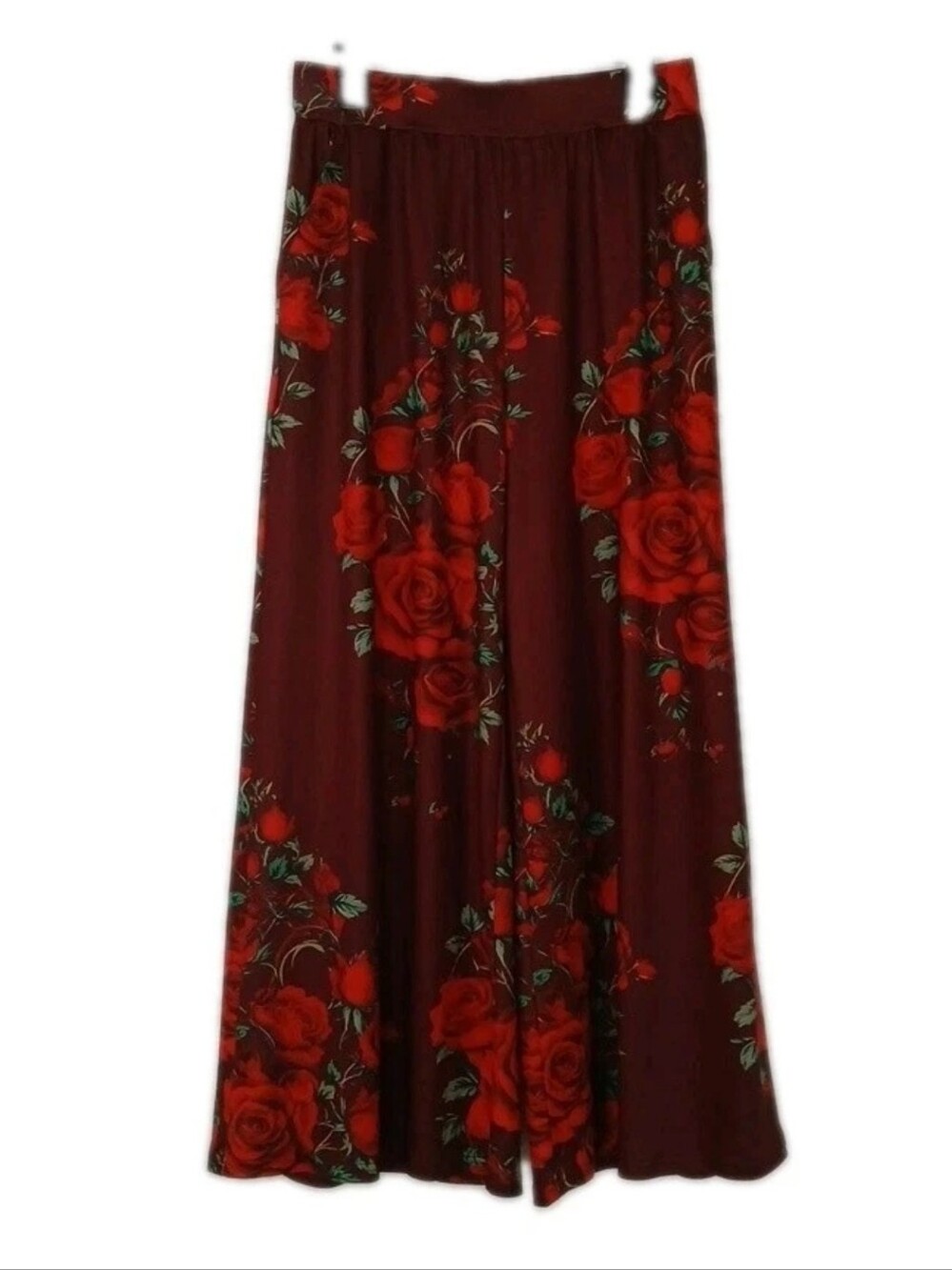 Temu Women's Size L Pants Dark Red Floral Wide Legs Pockets